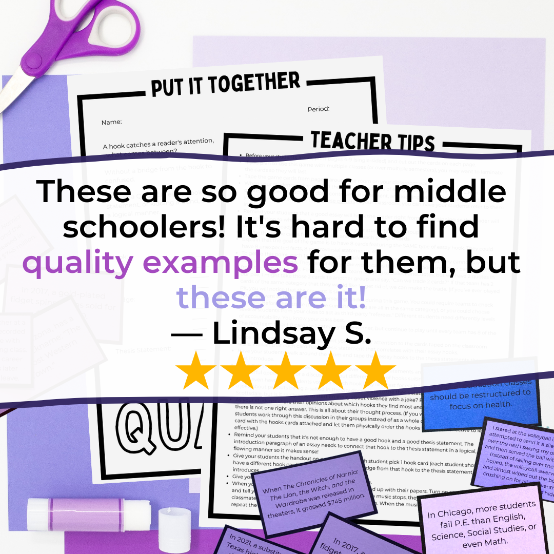 Essay Hooks Writing Game for Middle School